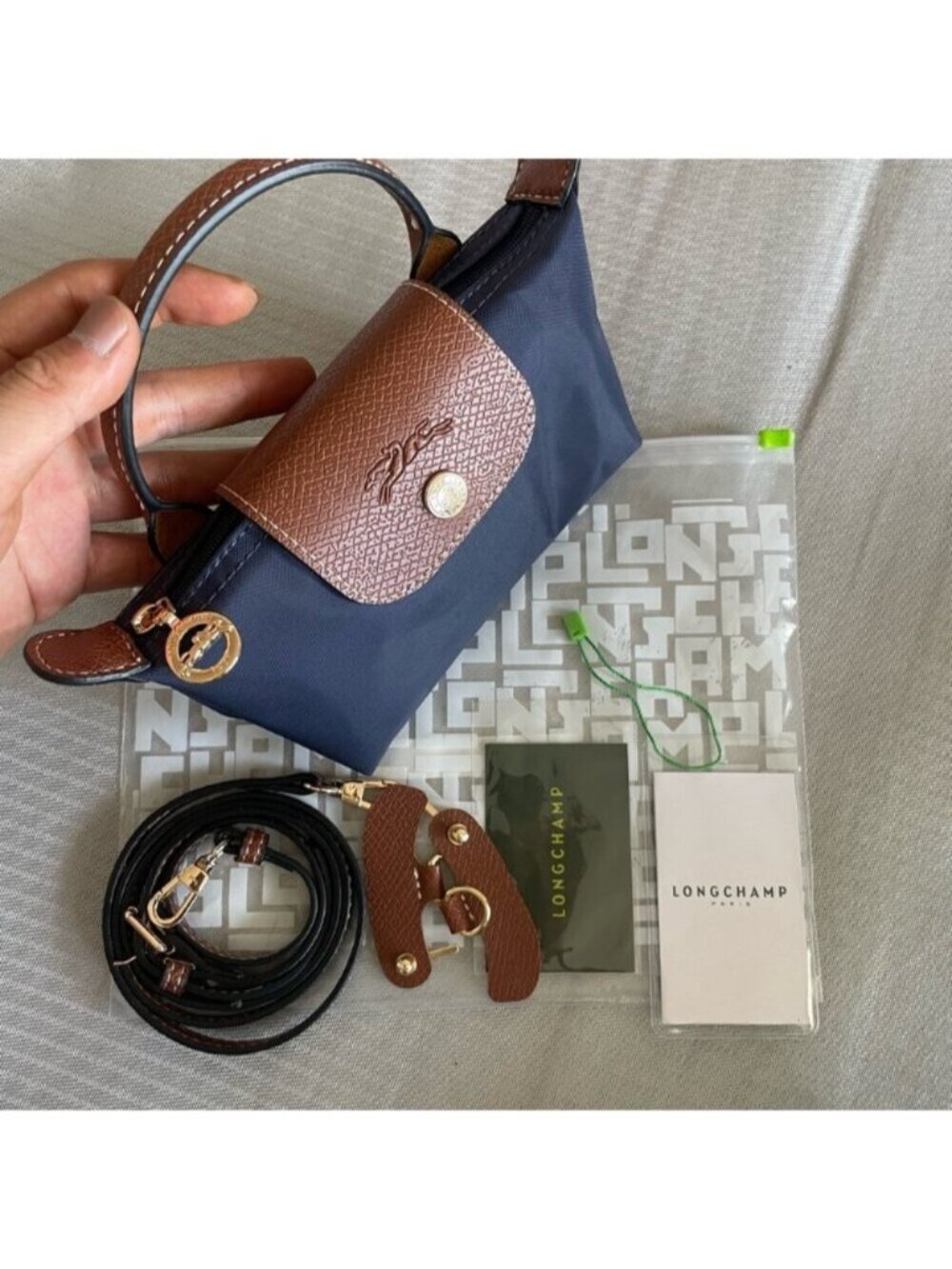 Longchamp navy nylon mini tote with brown leather flap and handle - Picture 3 of 5